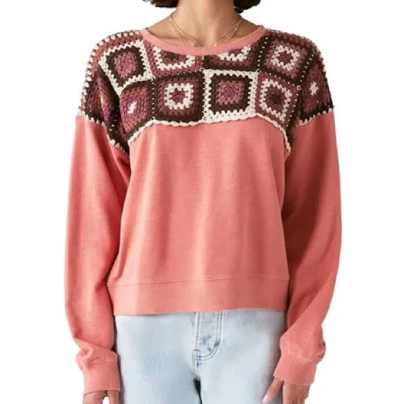 Lucky Brand Granny Squares Crochet Sweater Light Rust  Brown Sweatshirt Sz S